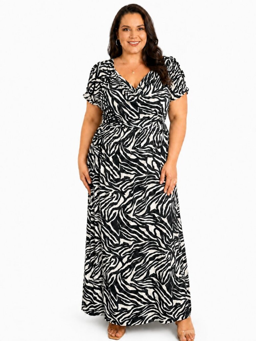 Ace Tan & Black Zebra Print Maxi Dress, Wide Shirred Waistband, Cowl Neck,Sz XL